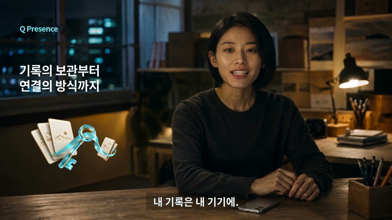 Q Presence 광고 속 기록의 보관과 연결 방식을 소개하는 장면